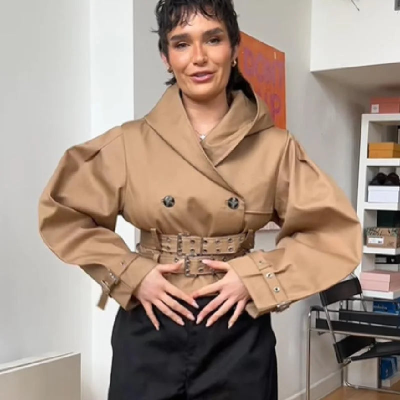 Chic Punk Trench Coat For Women Full Sleeve Loose Hooded Crop Jacket Lapel Bat Sleeve Long Coats 2025 New Lady Y2k Fall Outwears