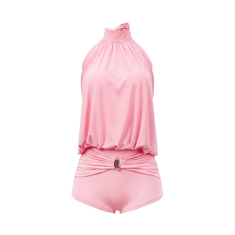 Halter Lace-Up Open Back Ruched Sleeveless Bodycon Romper for Women