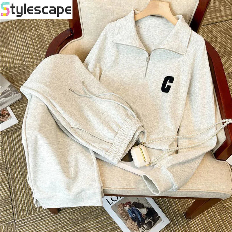 Large Collar Casual Sports Suit for Women, Autumn Loose and Stylish Fashion Hoodie Two-piece Set Juicy Couture Tracksuitpant Set