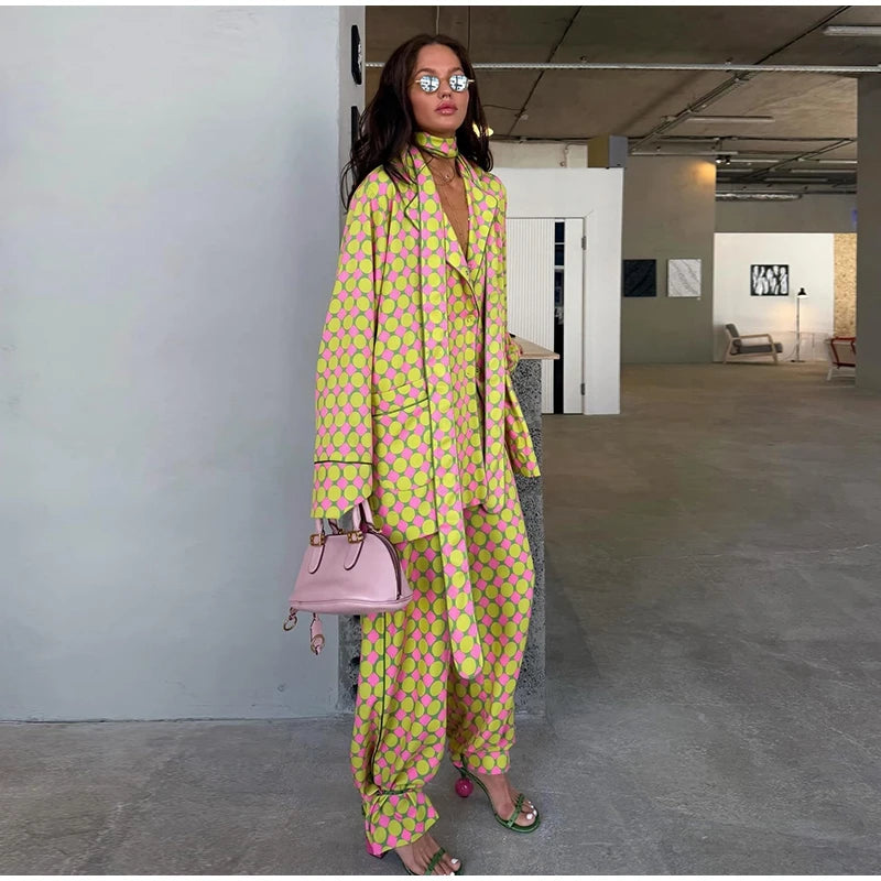 Geometric Printed Wide Leg Loose Pants Set for Women