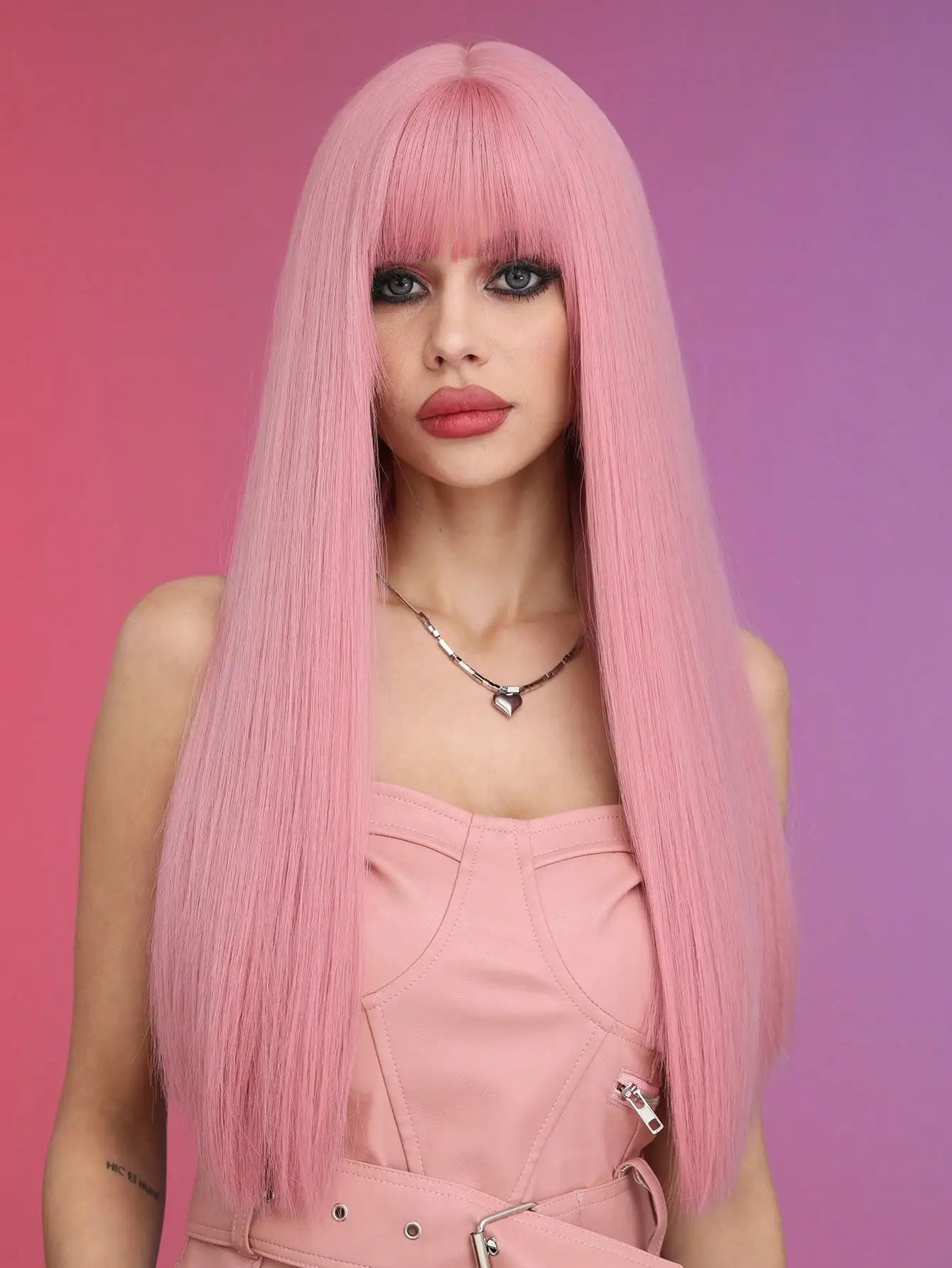 Long Straight Pink Heat Resistant Synthetic Wig With Bangs For Women