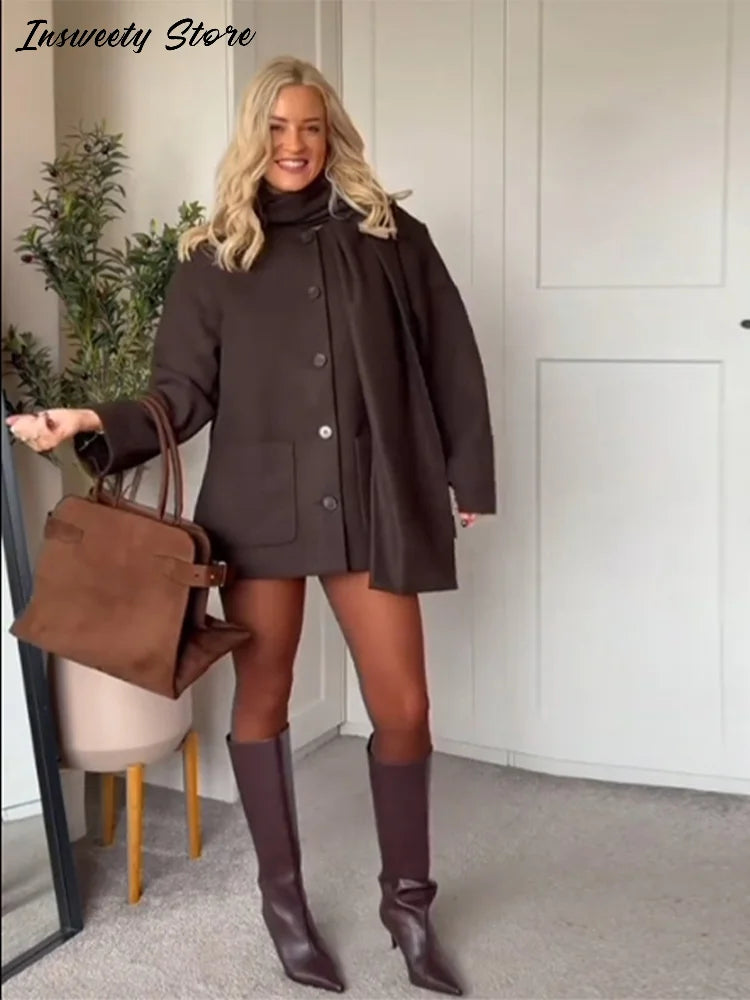 Classic Long Trench Coat With Detachable Scarf for Women
