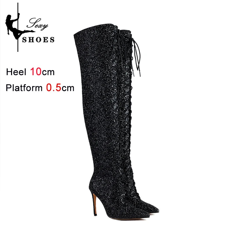 Shiny Sequined Over The Knee High Heel Boots for Women