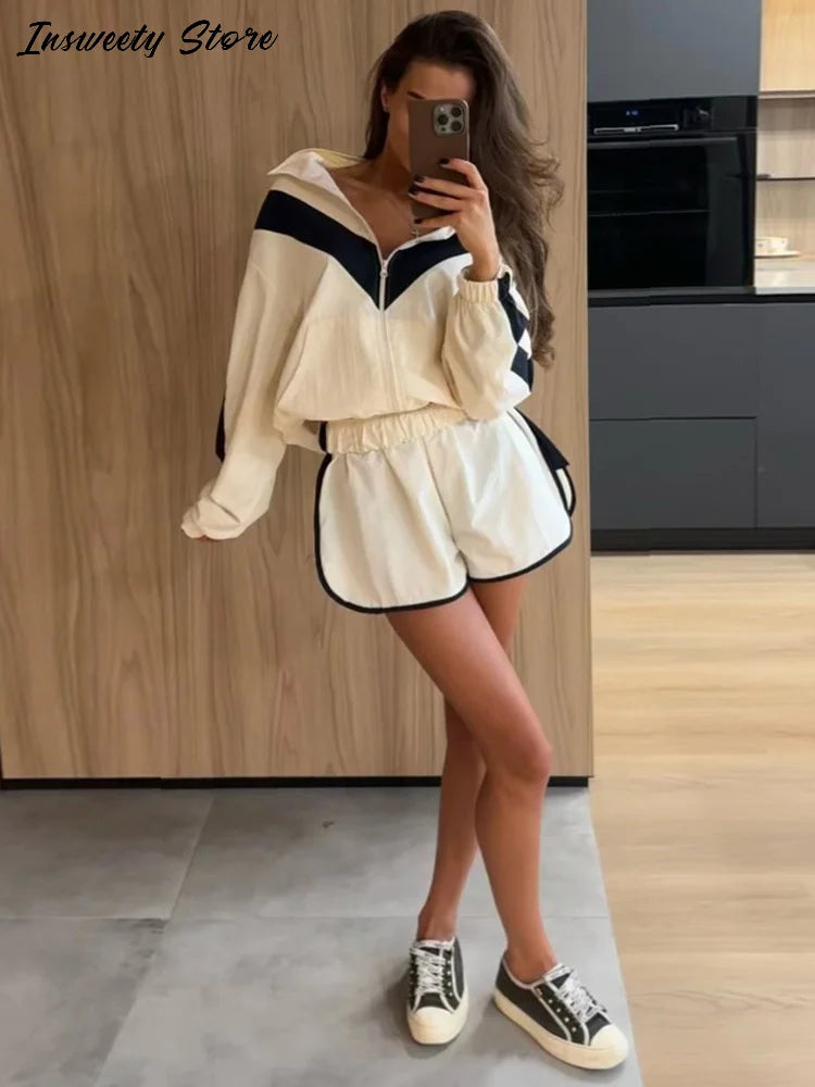 Color Block Zip Jacket and Shorts Tracksuit for Women