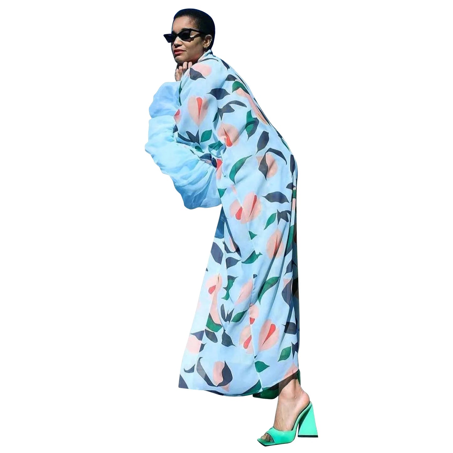 Vintage Floral Printed Chiffon Long Cardigan With Ruffle Sleeves for Women