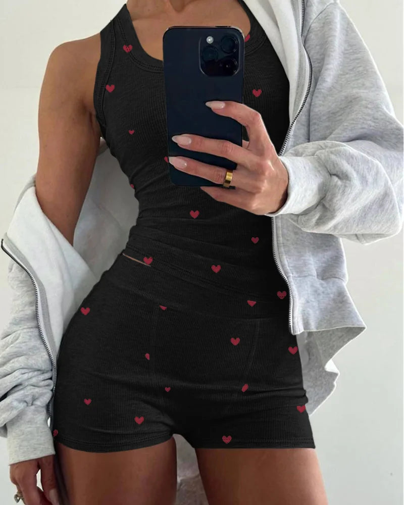 Summer Fashion Women 2 Pieces Pajamas Set Heart Pattern U Neck Sleeveless Tank Top and Casual Strechy Waist Shorts Set Sleepwear