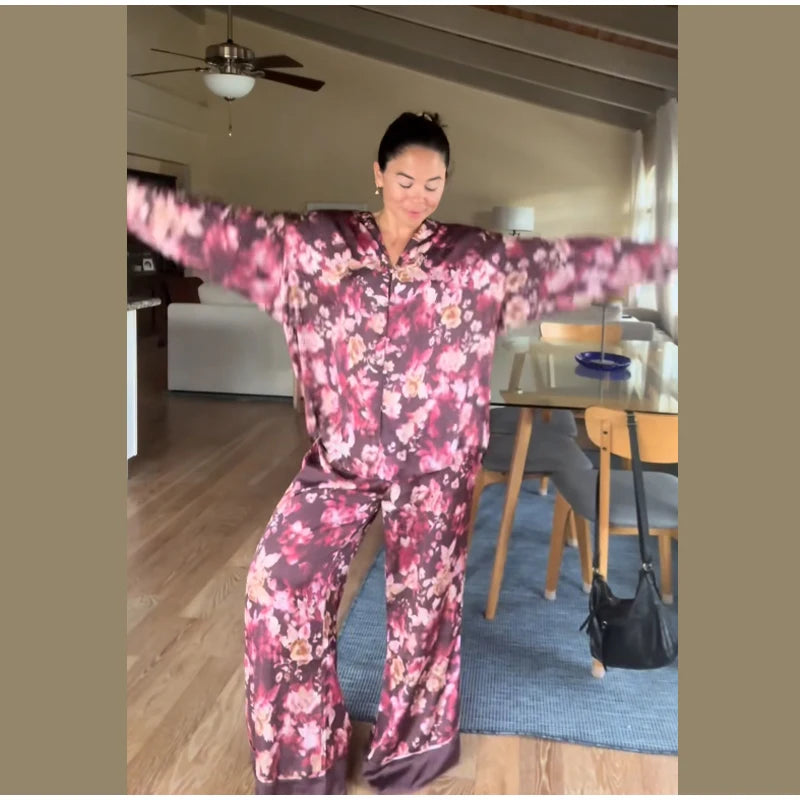 Casual Print Blouse and Wide Leg Pants Set for Women