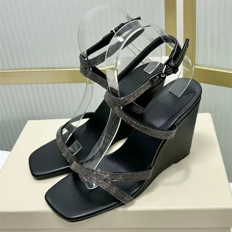 Square Toe Suede Wedge Sandals With Beaded Straps For Women