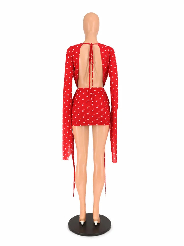 Sexy Polka Dot Backless Batwing Sleeve Dress for Women
