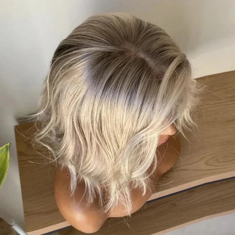 Platinum Icy Blonde Ombre Lace Front Wavy Bob Wig For Women