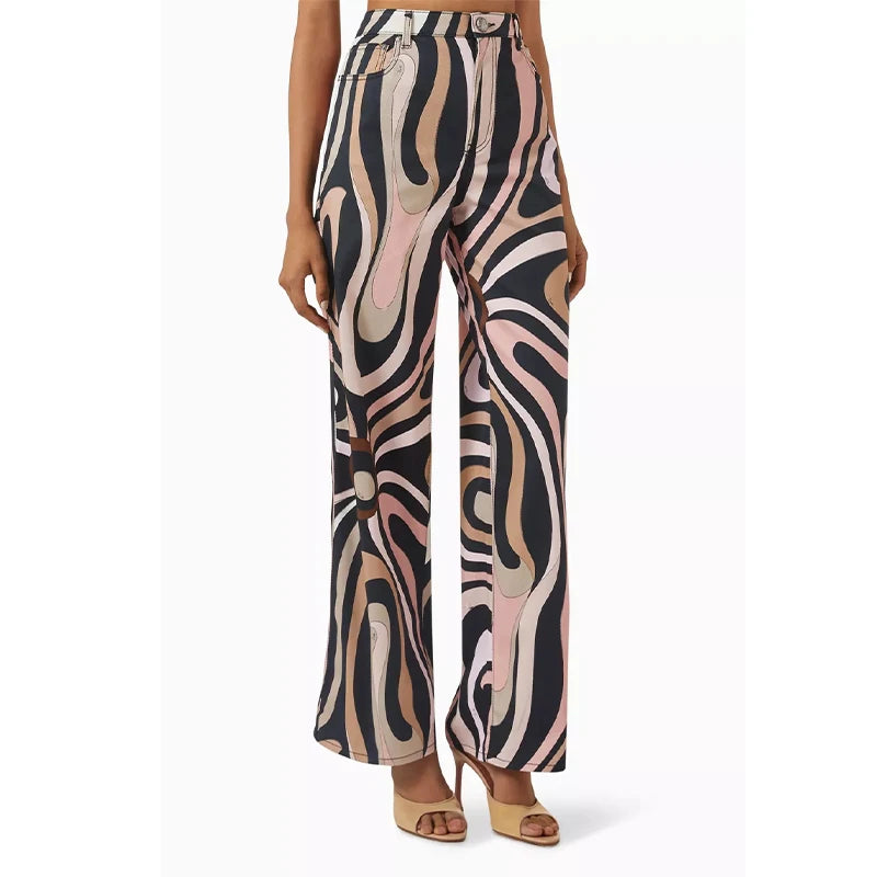 Geometric Print Top pant suits Women two pieces set round neck long sleeve Blouse loose pant Vacation Beach vacation pant outfit