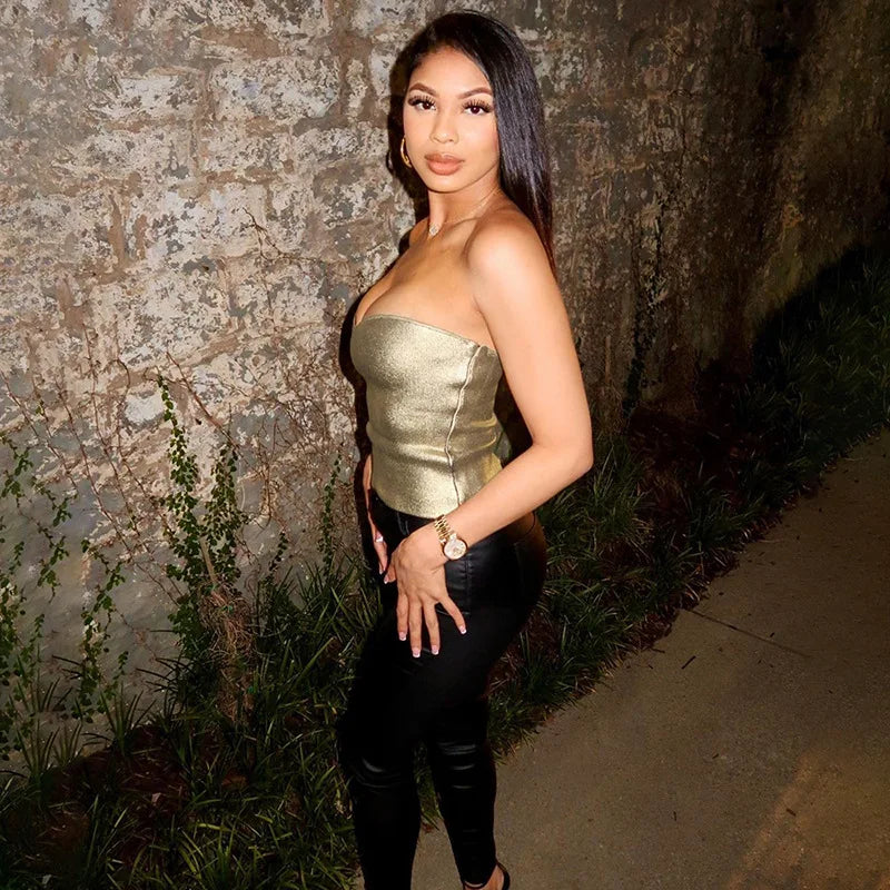 Cryptographic Fashion Vintage Strapless Gold Crop Tops Party Club Outfits for Women Tube Vest Sexy Backless Bustier Tops Y2K