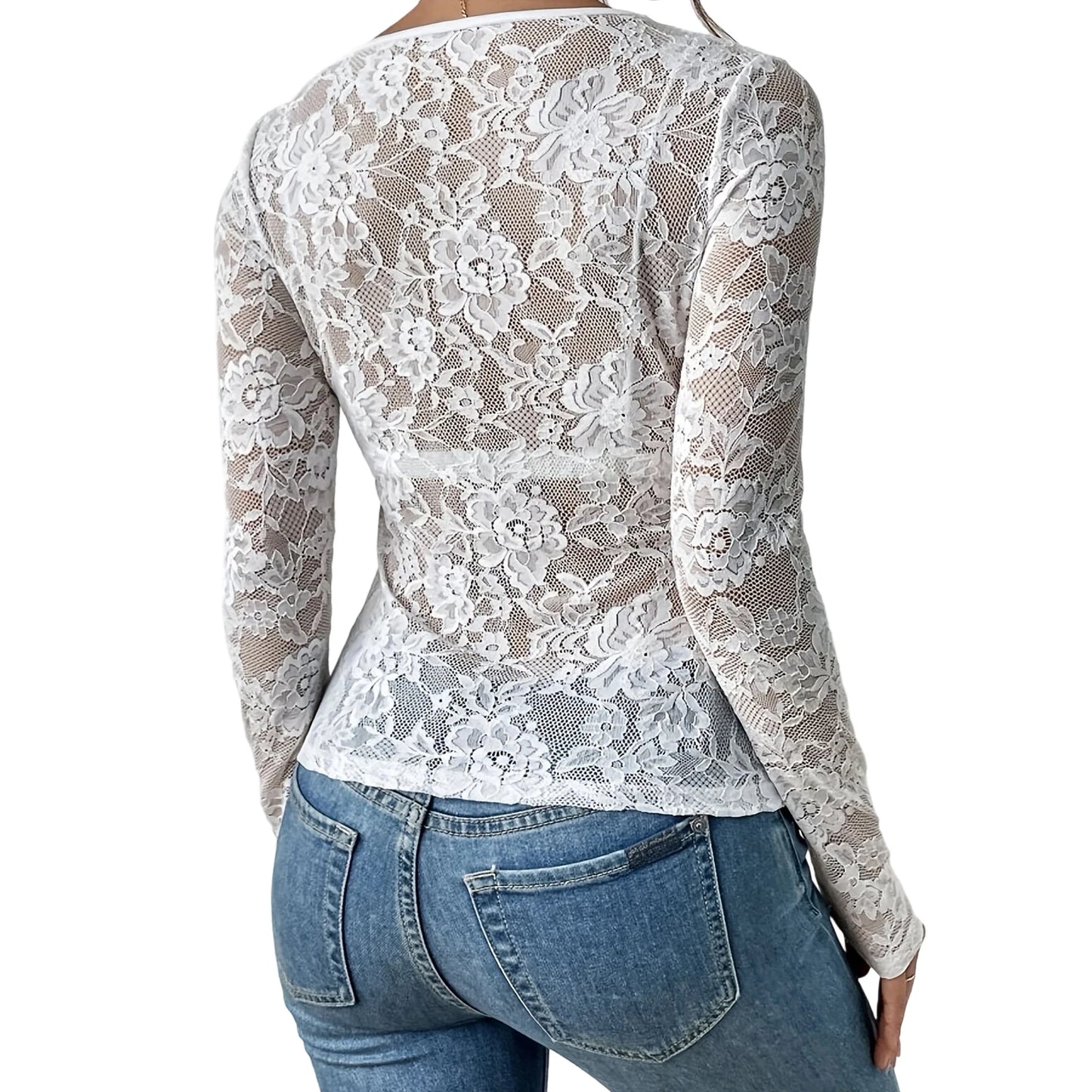 Women Lace Sheer Blouses Fashion Sexy Blouses Shirts Crop Tops Long Sleeve V Neck See Through T-Shirts Transparent Streetwear