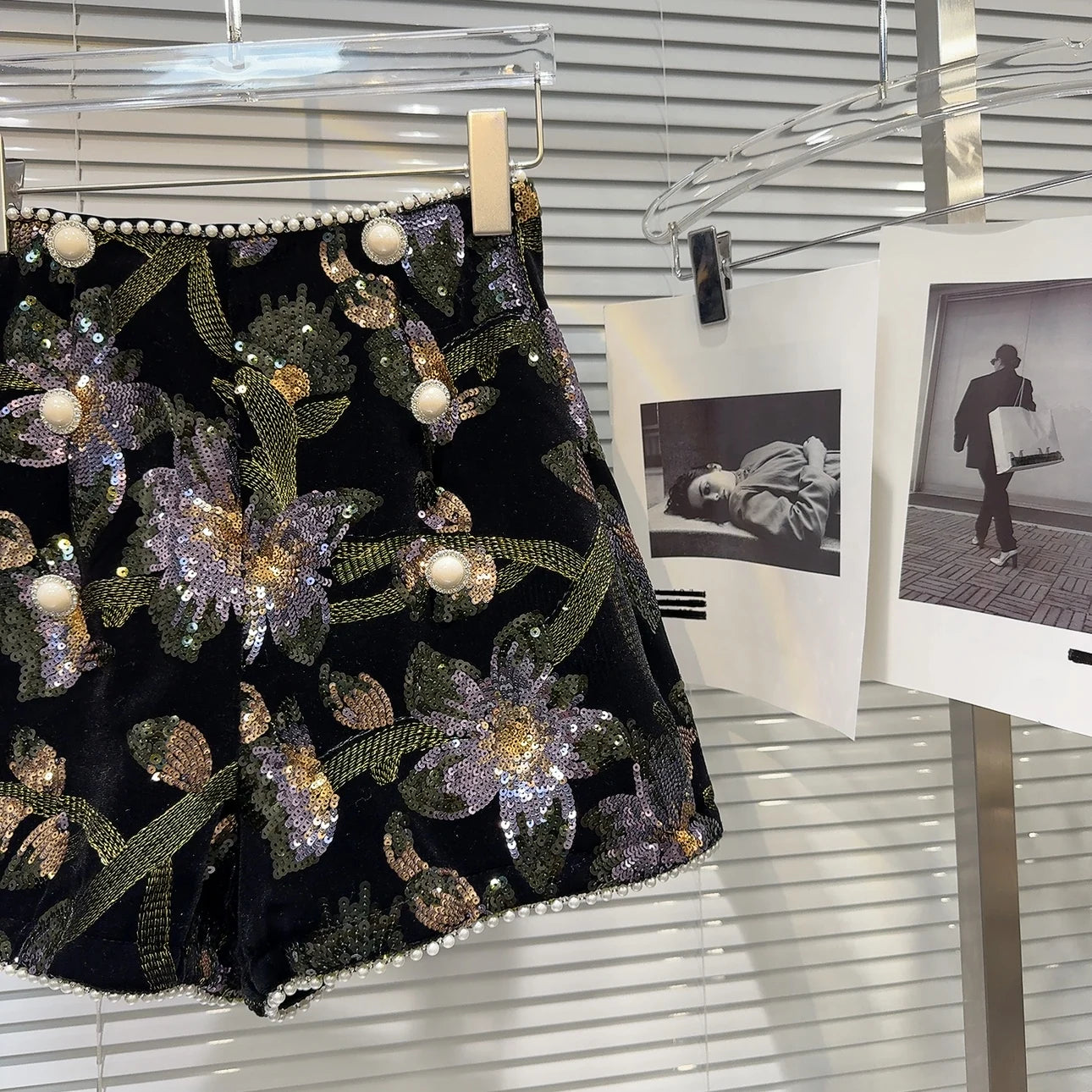 Sequined Embroidered Velvet Shorts