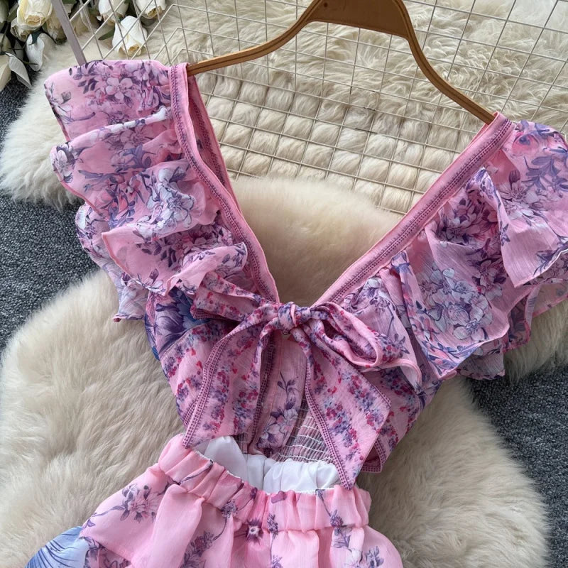 Boho Summer Floral Ruffle Cutout Mini Dress for Women