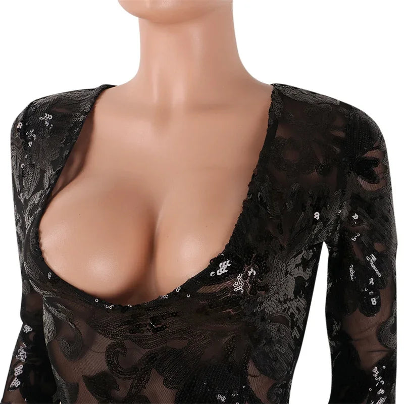 Sparkly Sequin Mesh Patchwork Evening Jumpsuit for Women