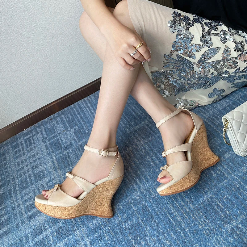 Elegant Apricot Buckle Platform Thick Heel Wedge Sandals for Women