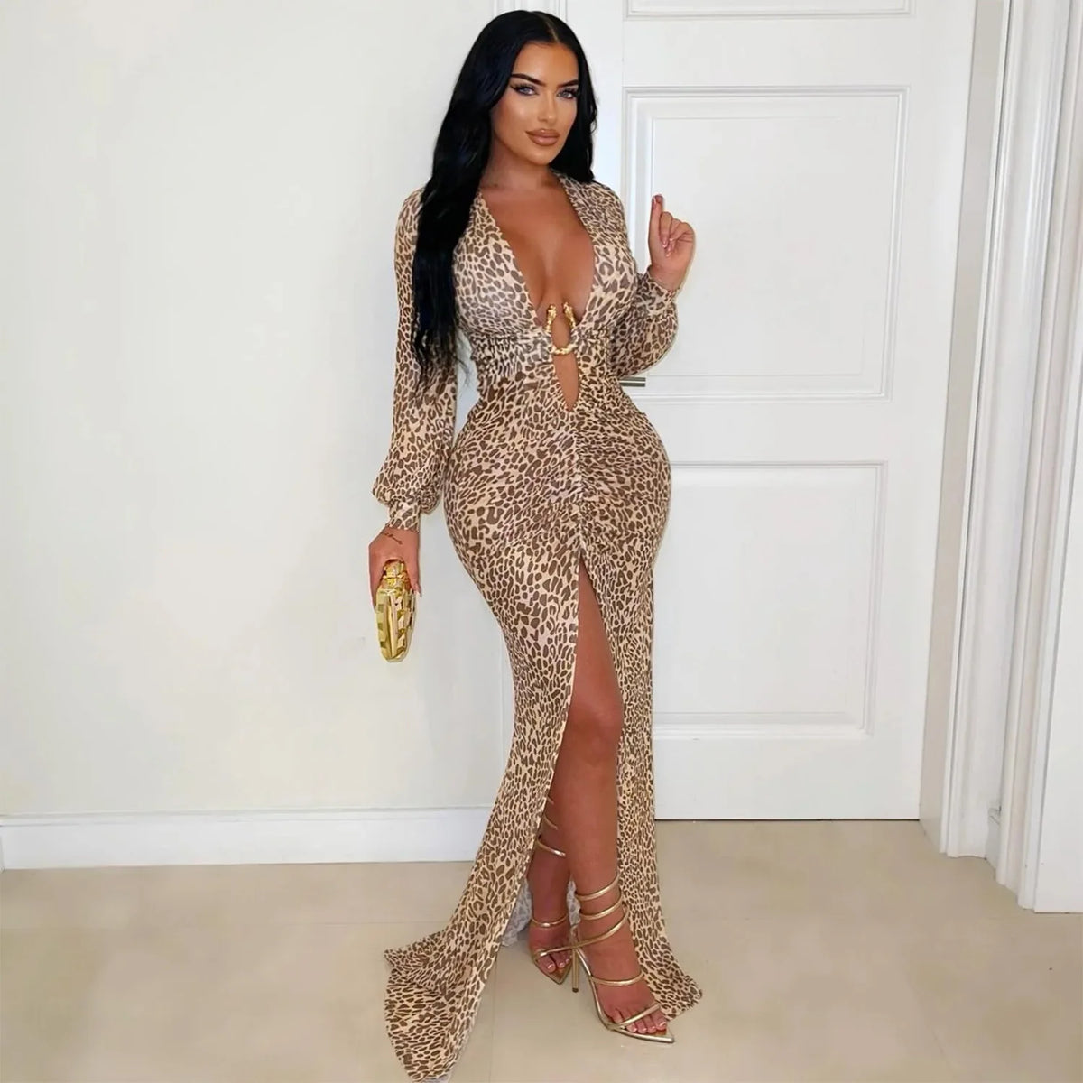 Leopard Print Deep V Neck High Slit Maxi Dress for Women