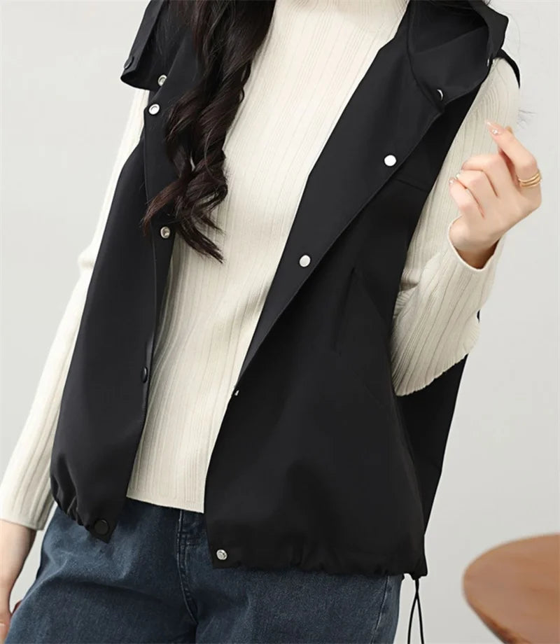 Casual Single Breasted Hooded Sleeveless Vest For Women