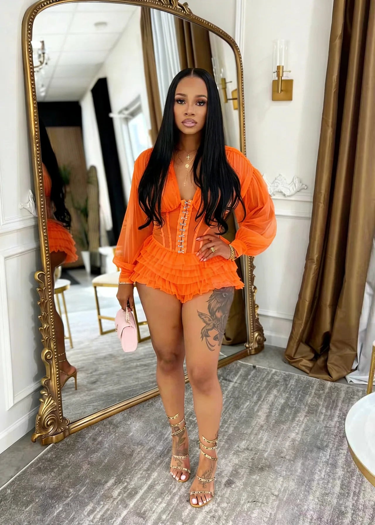 Mesh Ruched Patchwork See Through Long Sleeve Bodycon Rompers for Women