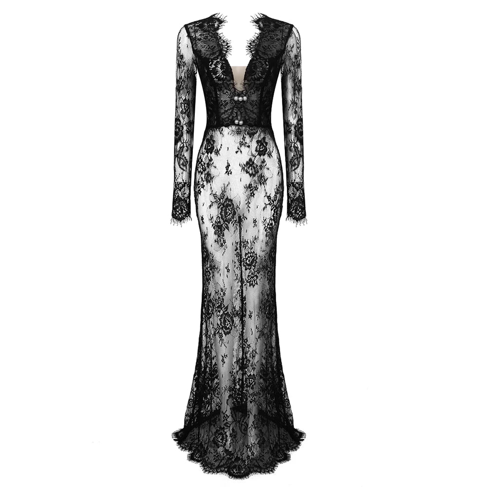 V Neck Long Sleeve Lace Black Evening Maxi Dress for Women