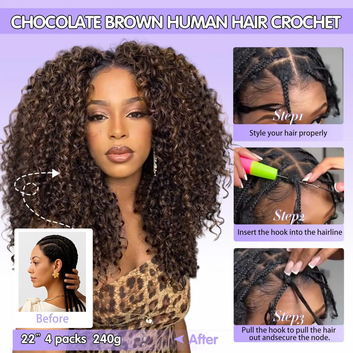 Chocolate Brown Burmese Curly Human Hair Crochet Extensions for Women