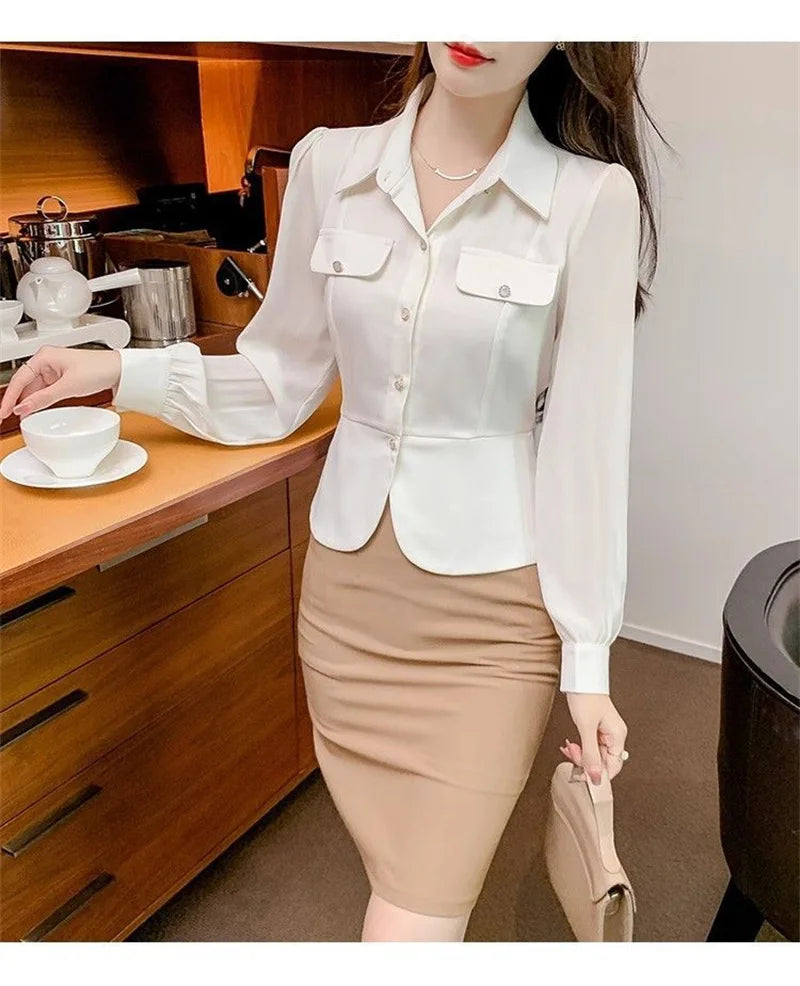 Autumn 2025 New Women Short Long-sleeved Chiffon Blouse Shirt Western-style Blouse Female  Slim Pure Colour Bottoming Shirt