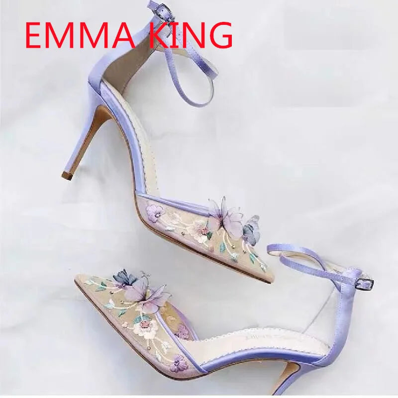 Pointed Toe Purple Silk Embroidered Pumps with Ankle Strap for Women