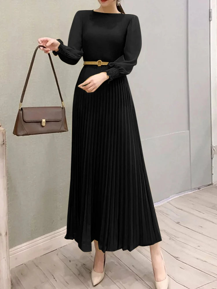 Pleated Lantern Sleeve Maxi Dress