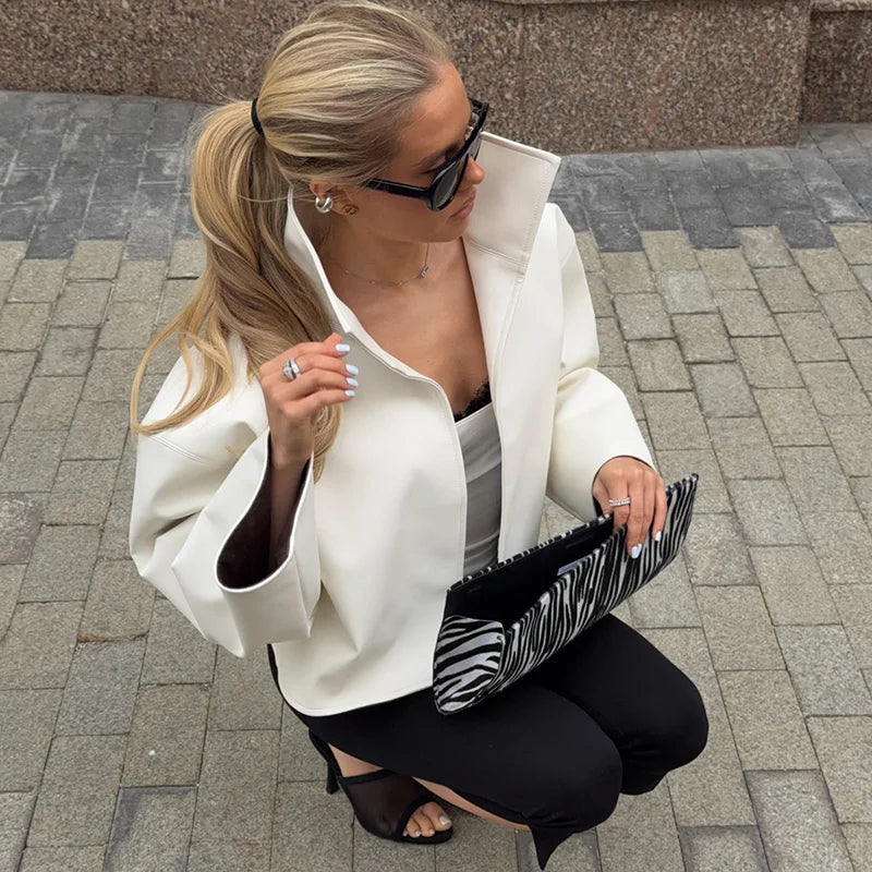 Vintage Cinched Waist Zipper Faux Leather Jacket for Women
