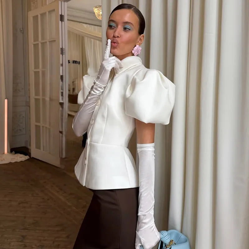 Elegant Puff Sleeve Turn-Down Collar Shirt for Women