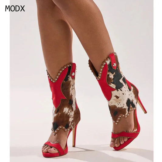 Patchwork Cow Print Ankle Boots