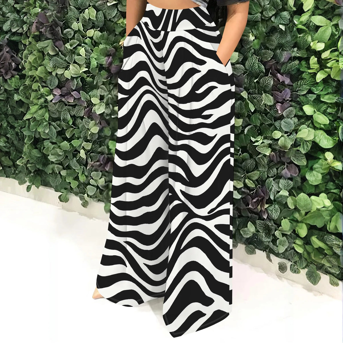 High Waist Zebra Print Wide Leg Palazzo Pants for Women