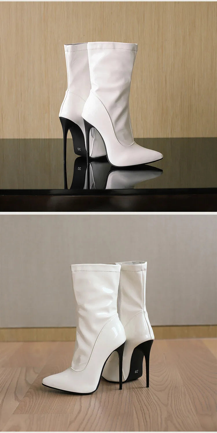 Pointed Toe Soft Patent Leather Side Zipper Stiletto Ankle Boots for Women