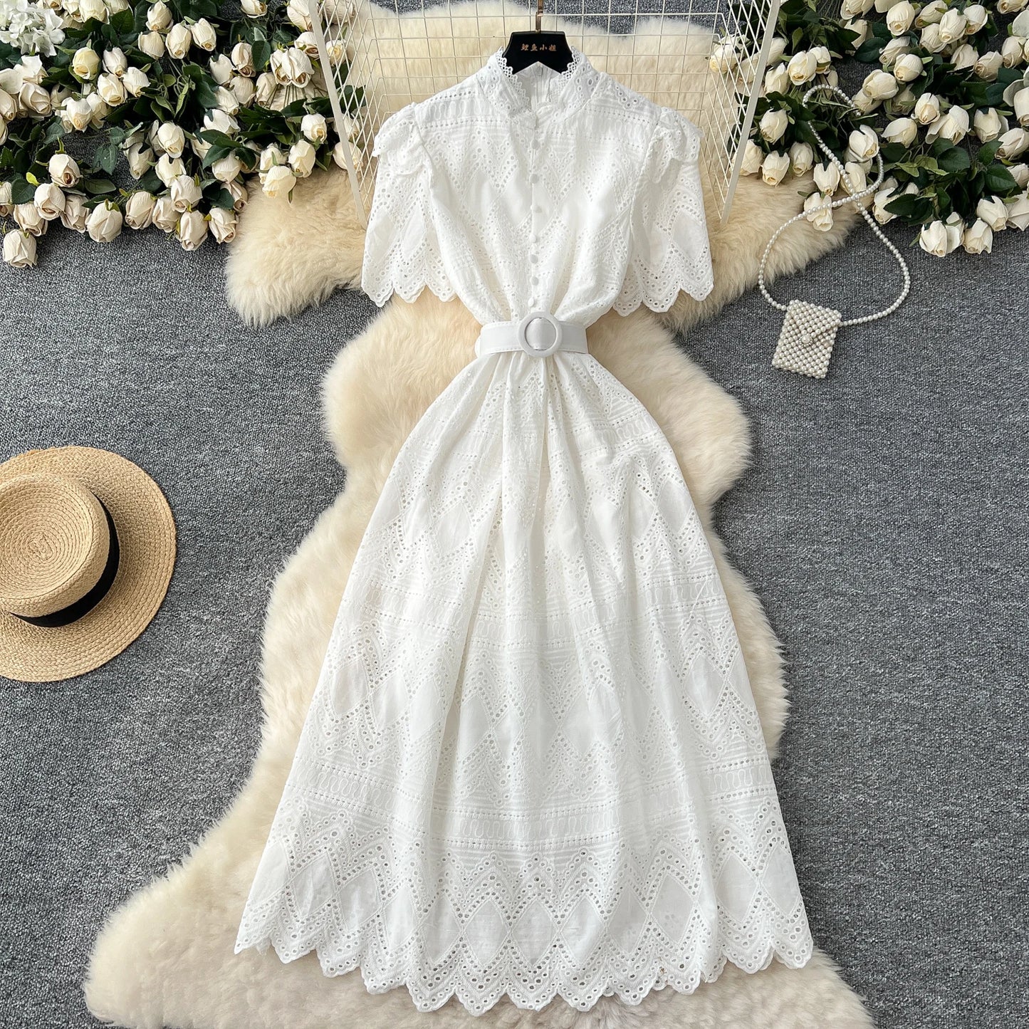 O-Neck Sash Embellished A-Line Dress