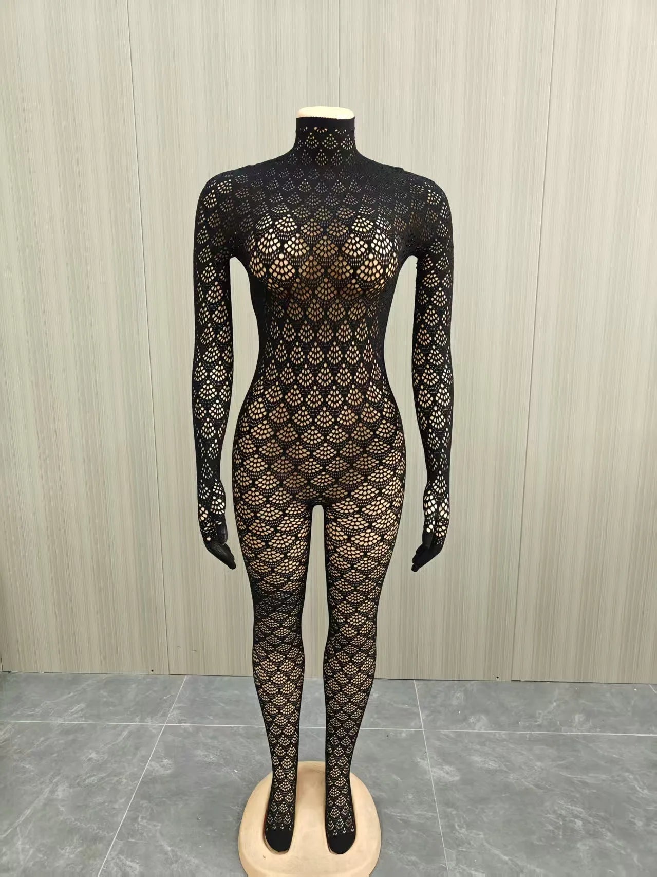 See Through Lace Hollow Out Patchwork Bodycon Jumpsuit for Women