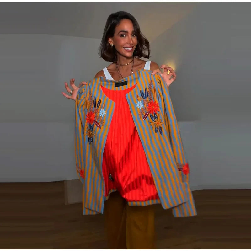 Elegant Striped Embroidered Open Stitch Jacket for Women
