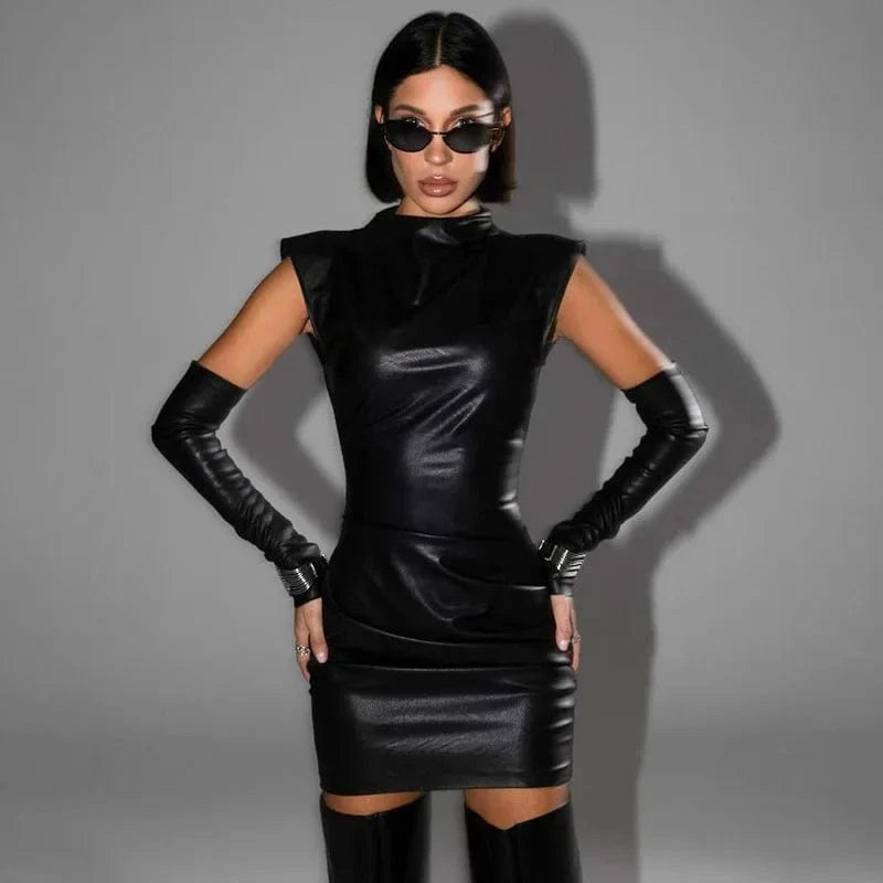 White PU Leather Bodycon Mini Dress for Women Elegant Sexy Turtleneck Sleeveless Party Dresses Spring Fashion Casual Dress 2025