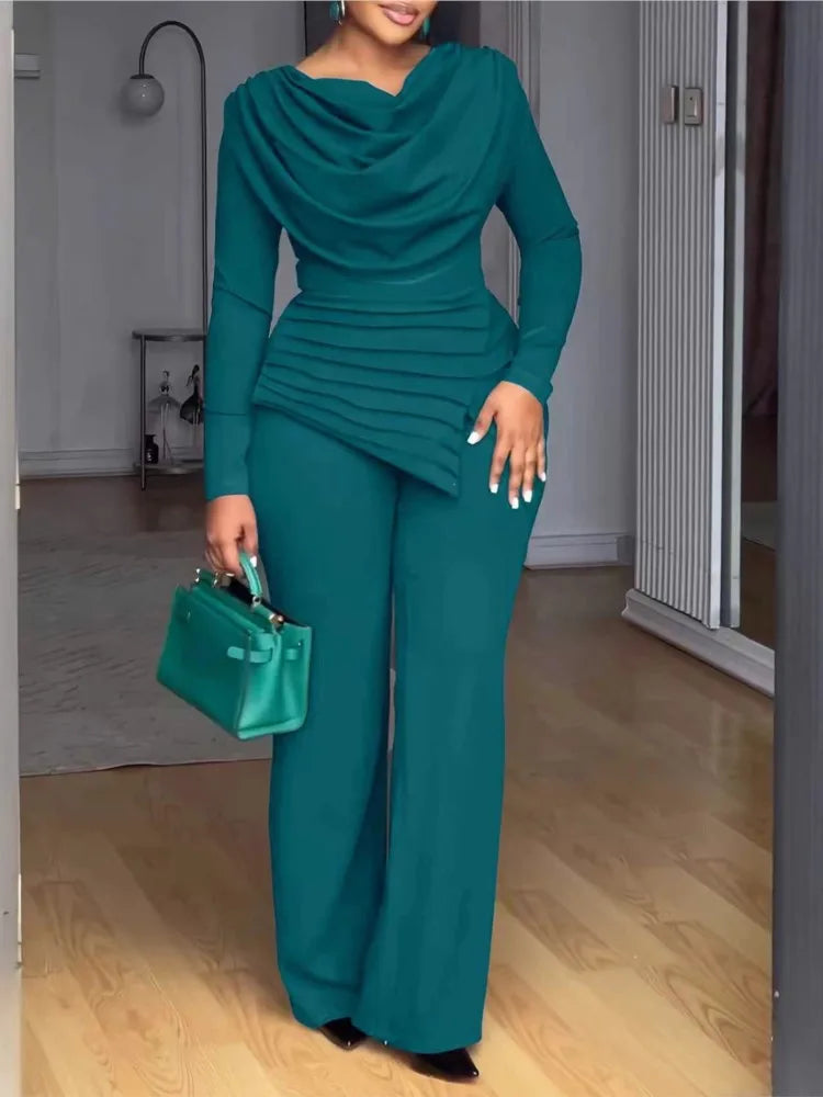 Casual Pile Collar Two Piece Wide Leg Pants Set for Women