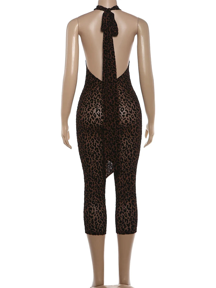 Leopard Print Backless Sleeveless Halter Romper for Women