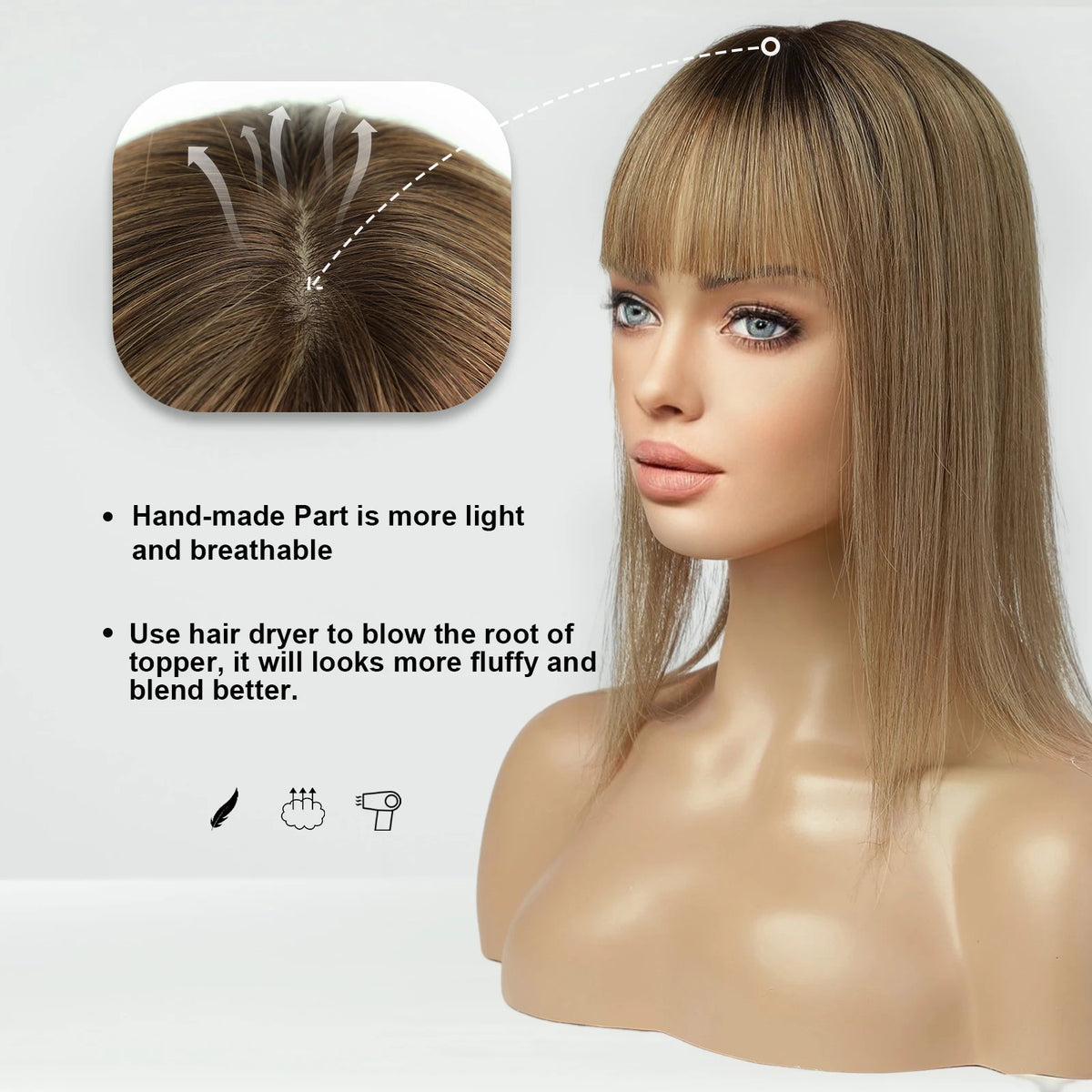 Brown Ombre Silk Base Human Hair Topper With Bangs For Women