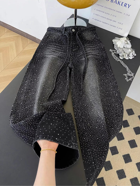 High Waist Rhinestone Wide Leg Jeans