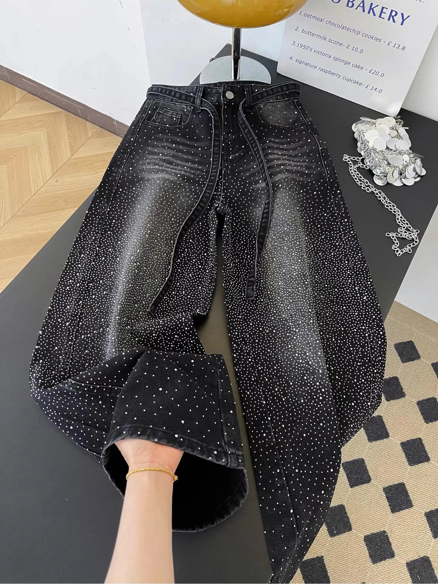 Glittering Rhinestone Wide Leg Denim Pants for Women
