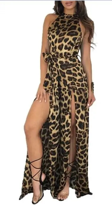 Sleeveless Leopard Print Halter Wide Leg Jumpsuit for Women