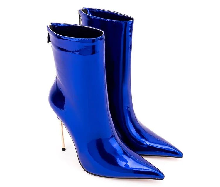 Shiny Blue Mirror Stiletto Boots with Side Zipper for Women