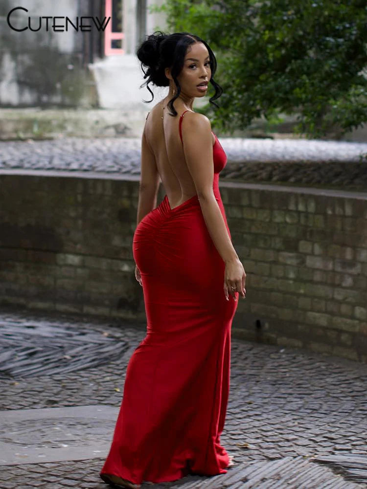 Red Shiny Backless Maxi Dress