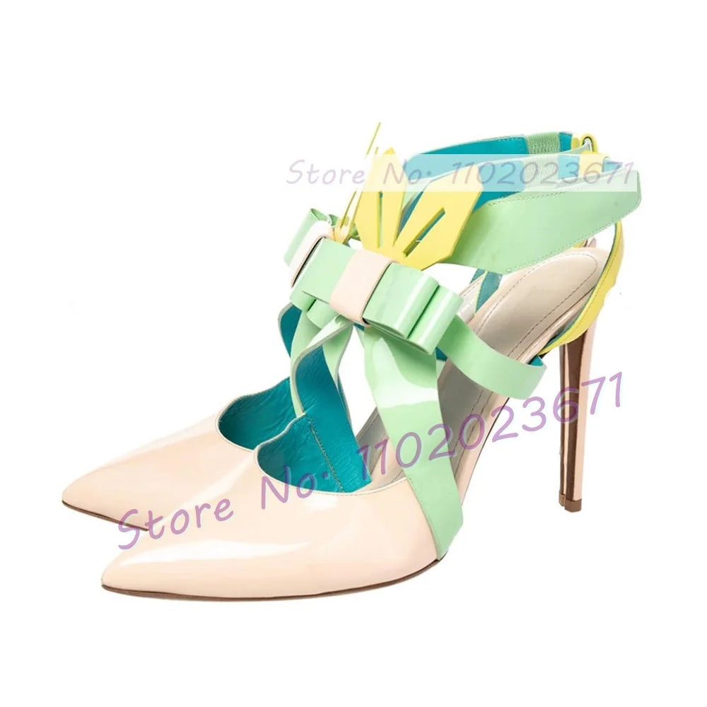 Multicolor Patent Leather Slingback Sandals Women Fashion Folding Bowknot Pointy Toe High Heels Sandals Party Chic Lovely Shoes