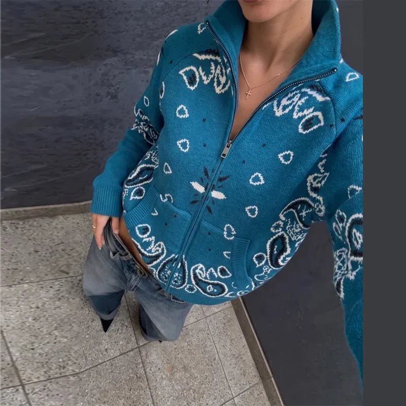 Gray Jacquard Knit Loose Cardigan Long Sleeve Casual for Women