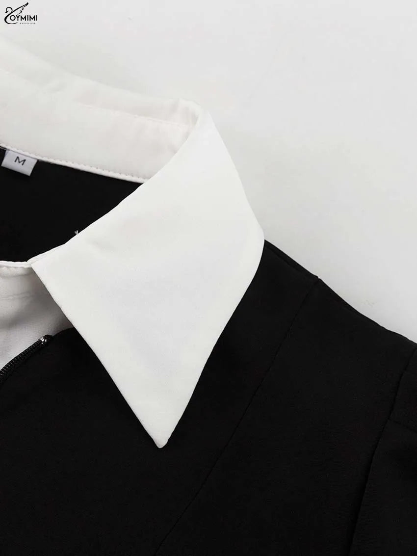 Oymimi Elegant Blue Cotton Womens Dresses Fashion Lapel Short Sleeve Button Dresses Autumn New High Waisted Pleated Mini Dress