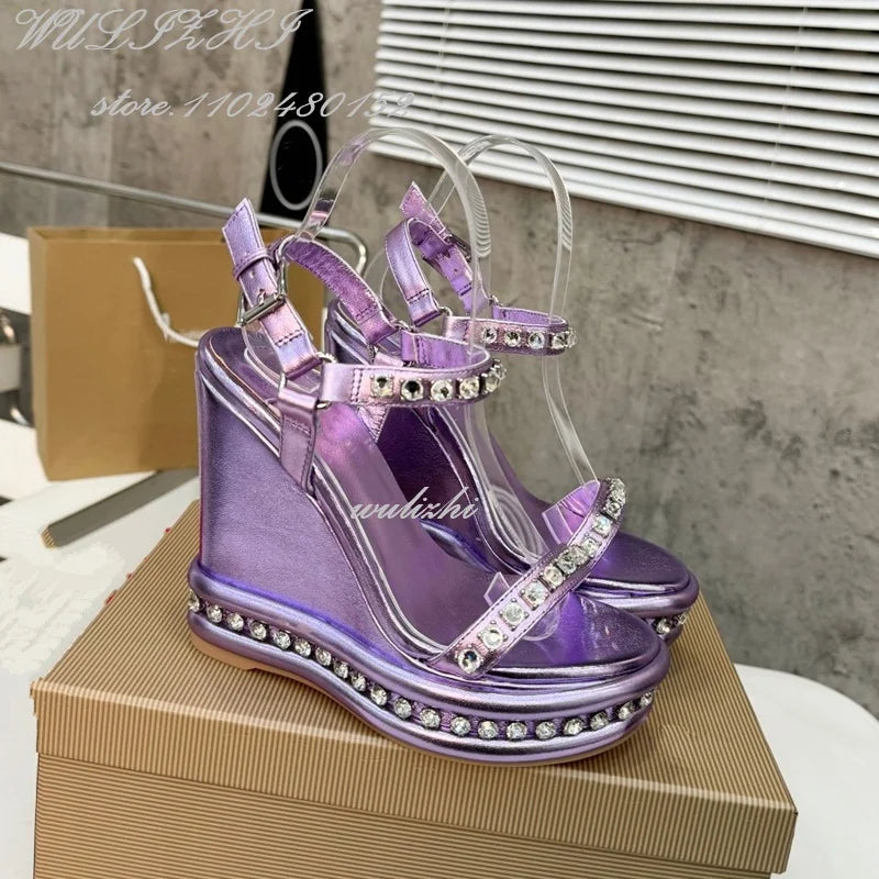 Crystal Border Purple Leather Wedge Platform Shoes for Women